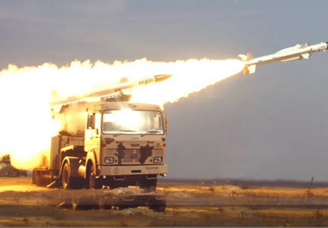 An Akash surface-to-air missile launching from a truck-mounted launcher