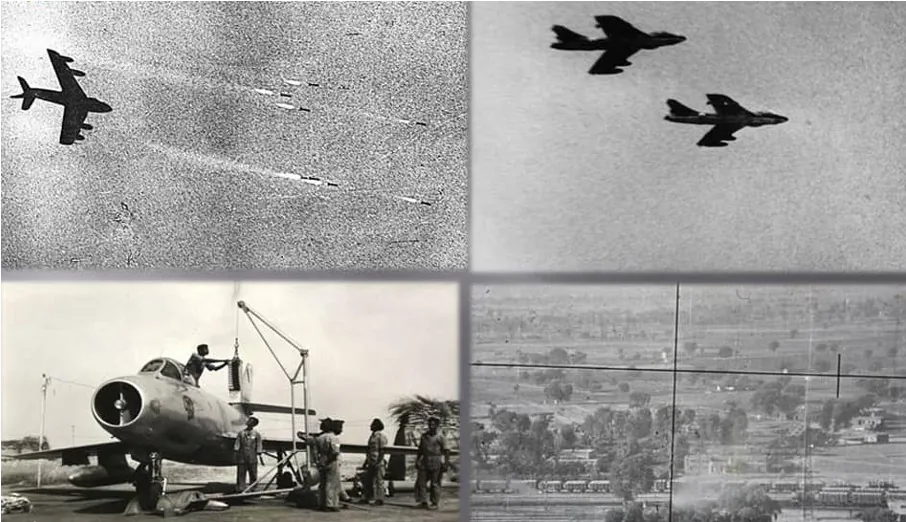 Archive photographs of jet fighters in flight and ground crew readying an aircraft